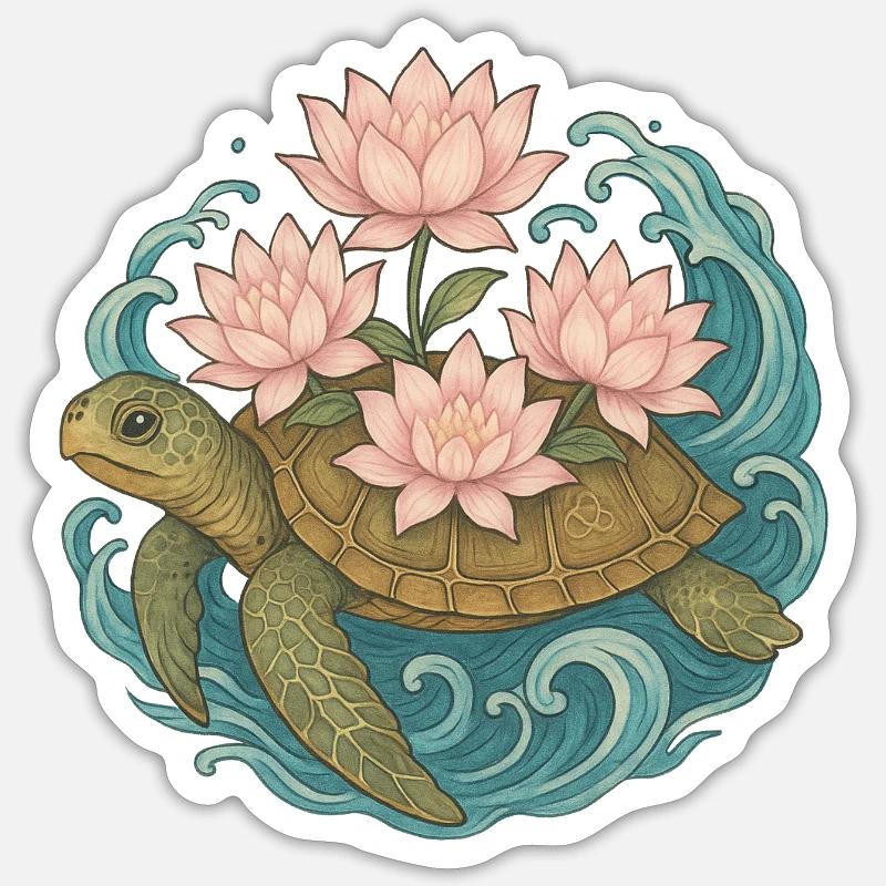 Lotus Turtle on Ocean Waves - Sticker size S (10 x 10 cm) - white matte