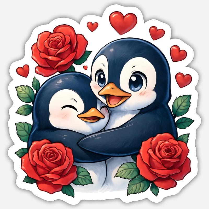 Zweisamkeit Pinguine Rosenherz - Sticker Größe S (10 x 10 cm) - Mattweiß