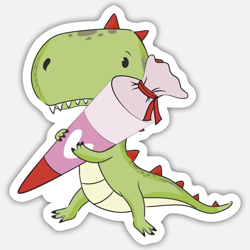 DINO avec cône rose d’école, école Sticker taille S (10 x 10 cm)