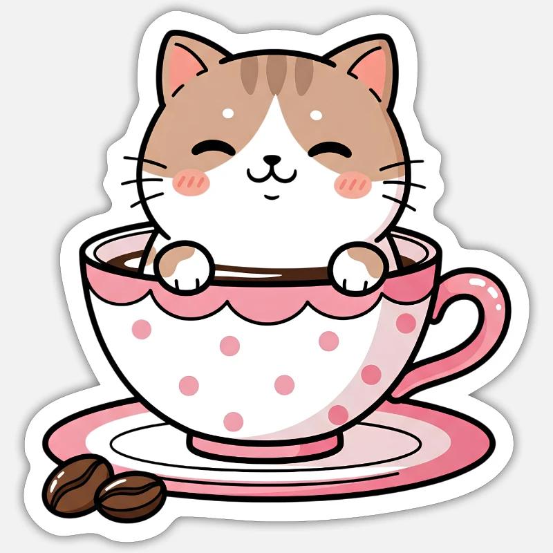 Chat Douillet dans une tasse rose - Sticker taille S (10 x 10 cm) - blanc mat