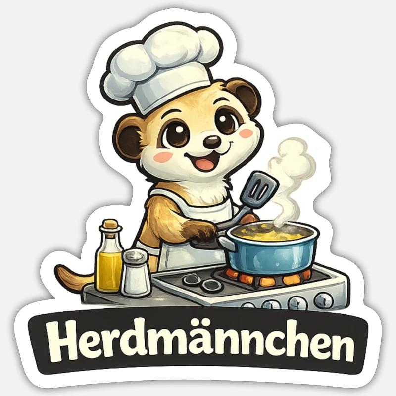 Herdmännchen Erdmännchen am Herd Wortwitz Shirt - Sticker Größe S (10 x 10 cm) - Mattweiß
