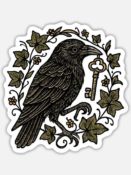 Rabe mit Schlüssel im Efeu - Sticker Größe S (10 x 10 cm) - Mattweiß