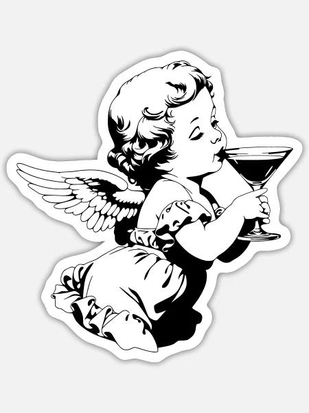 Cocktail Engel – Cherub mit Martini Glas - Sticker Größe S (10 x 10 cm) - Mattweiß