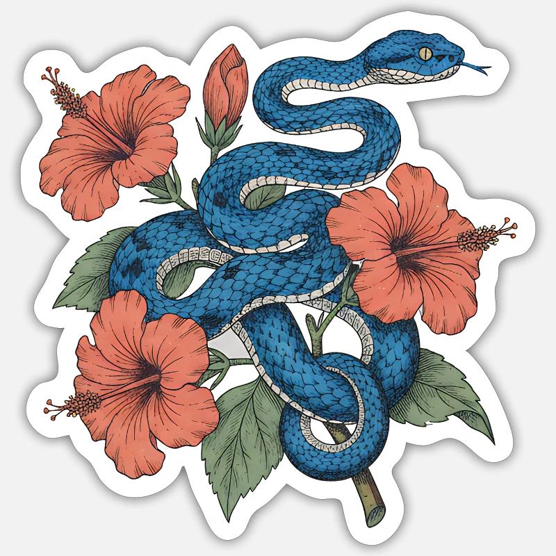 Serpent d’azur au milieu de l’hibiscus - Sticker taille S (10 x 10 cm) - blanc mat