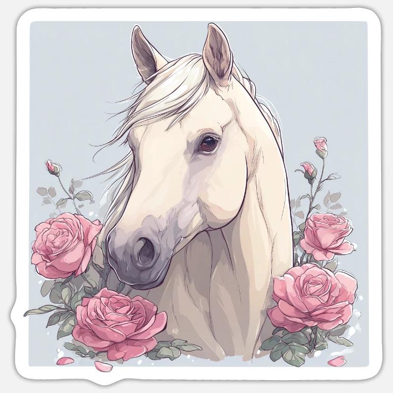 Cheval avec des fleurs - Sticker taille S (10 x 10 cm) - blanc mat