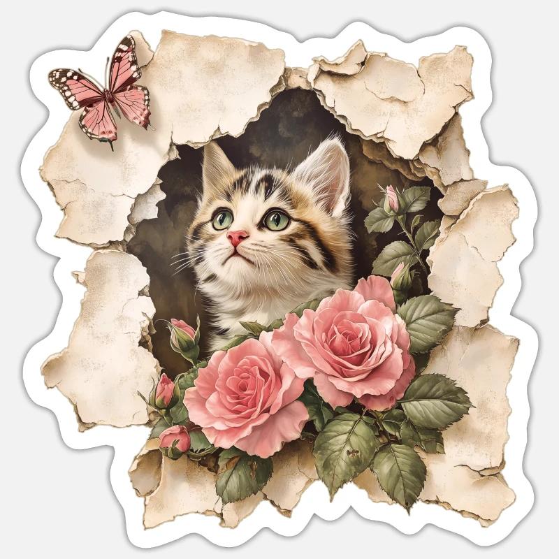 Chat au papillon - Sticker taille S (10 x 10 cm) - blanc mat