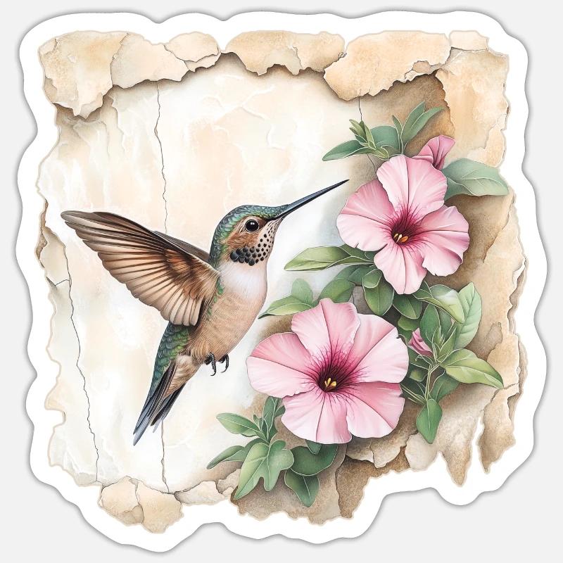 Kolibri mit Blüten - Sticker Größe S (10 x 10 cm) - Mattweiß