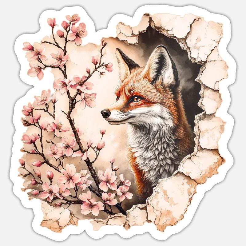 Fuchs mit Kirschblüten - Sticker Größe S (10 x 10 cm) - Mattweiß