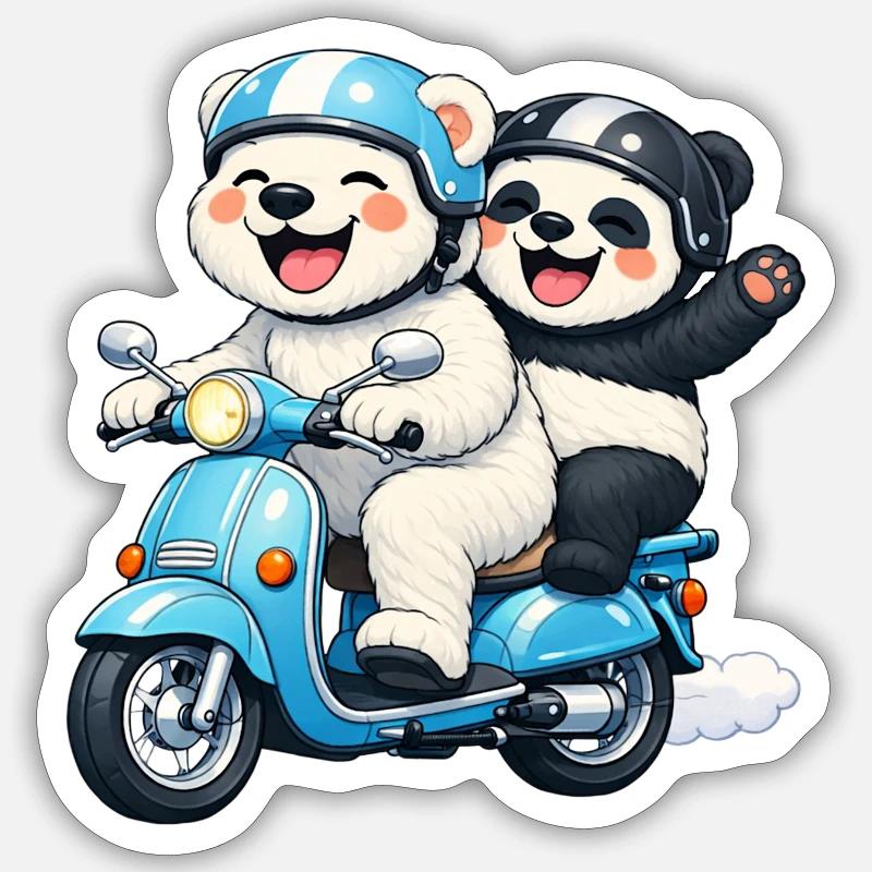 Eisbär und Pandabär auf einem Roller Sticker Größe S (10 x 10 cm)