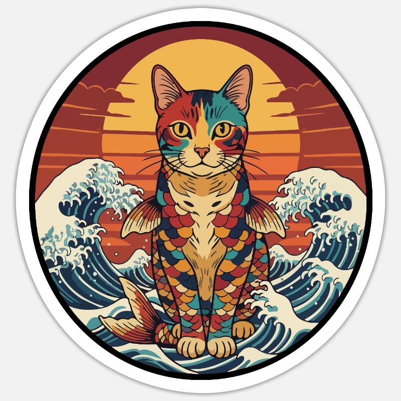 Koi Cat Sunset Waves - Sticker size S (10 x 10 cm) - white matte