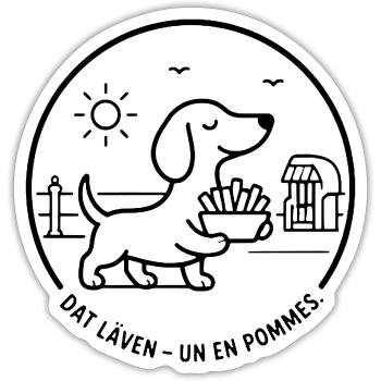 Dackel dat Läven un een Pommes - Sticker Größe S (10 x 10 cm) - Mattweiß - Vorne