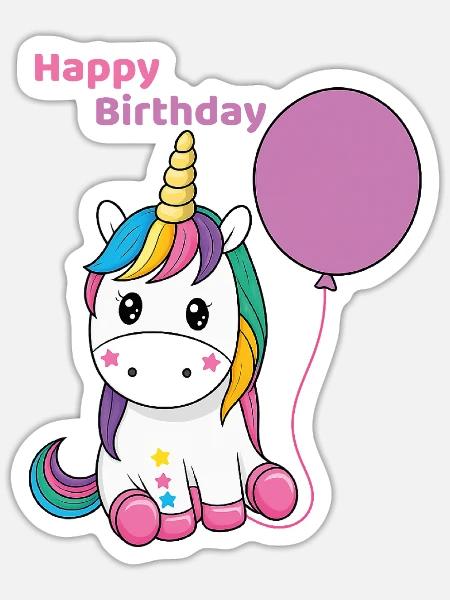 Geburtstagseinhorn mit Ballon - Sticker Größe S (10 x 10 cm) - Mattweiß