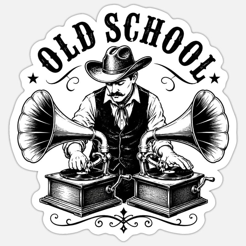 Un DJ old school avec gramophone - Sticker taille S (10 x 10 cm) - blanc mat