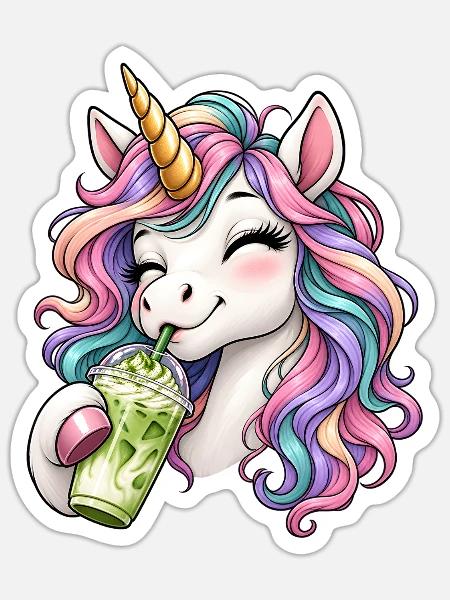 Einhorn mit Matcha Latte - Sticker Größe S (10 x 10 cm) - Mattweiß