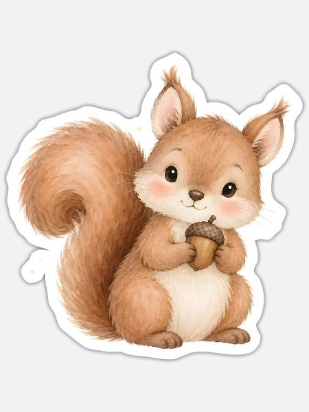 Süßes Eichhörnchen mit Eichel Aquarell Waldtier - Sticker Größe S (10 x 10 cm) - Mattweiß