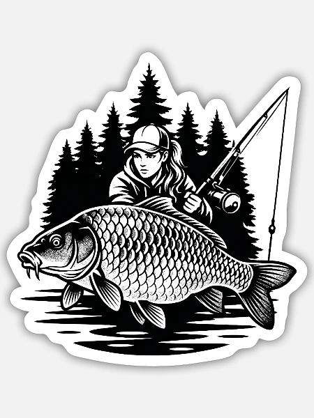 Fischerin und ihr Karpfen - Sticker Größe S (10 x 10 cm) - Mattweiß