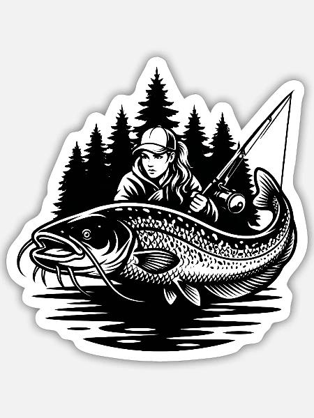 Waldfischerin und Wels - Sticker Größe S (10 x 10 cm) - Mattweiß