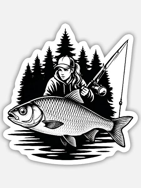 Fischerin im Wald und Roach - Sticker Größe S (10 x 10 cm) - Mattweiß