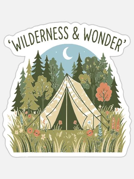 Wilderness & Wonder Zeltidylle im Wald - Sticker Größe S (10 x 10 cm) - Mattweiß