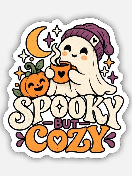 Spooky but Cozy Niedliches Halloween Geist Design - Sticker Größe S (10 x 10 cm) - Mattweiß