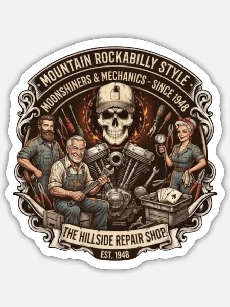 Hillside Reparaturshop Rockabilly - Sticker Größe S (10 x 10 cm) - Mattweiß
