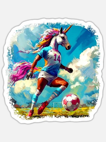 Einhörner Fussball / Fussballer Einhorn - Sticker Größe S (10 x 10 cm) - Mattweiß
