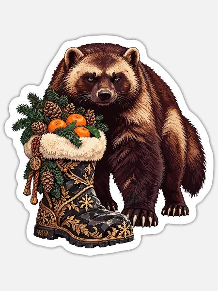 Vielfraß mit festlichem Winterstiefel - Sticker Größe S (10 x 10 cm) - Mattweiß