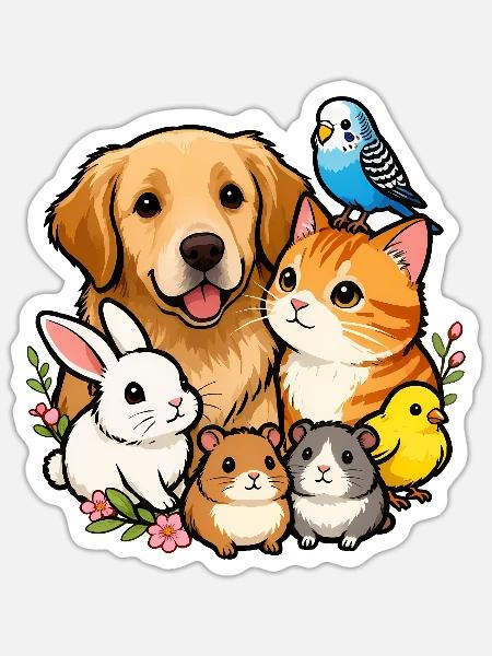 Bunte Tierfreunde 🐶🐱🐰🐹🐥🦜 - Sticker Größe S (10 x 10 cm) - Mattweiß