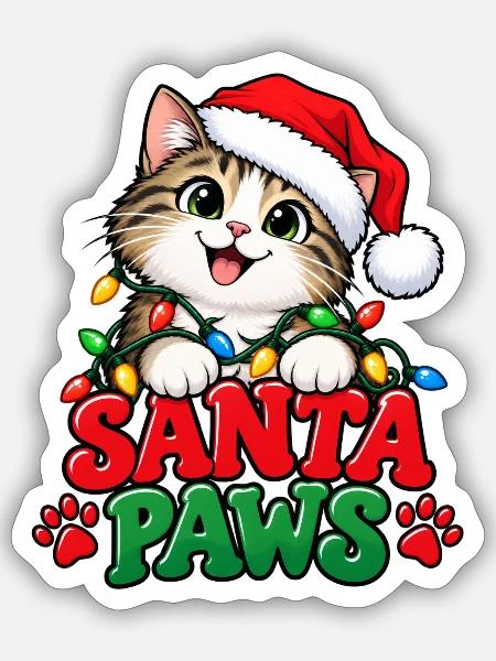 Santa Paws – Katze mit Weihnachtsmütze - Sticker Größe S (10 x 10 cm) - Mattweiß