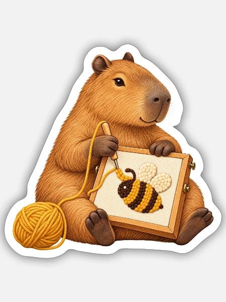 Capybara mit Punch-Needle-Biene - Sticker Größe S (10 x 10 cm) - Mattweiß