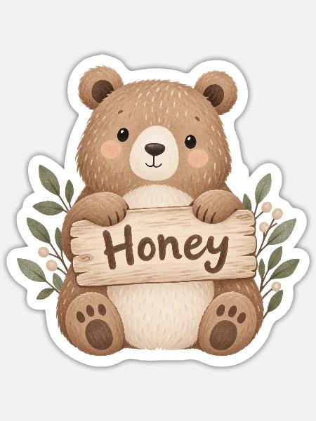 Niedlicher Bär mit Honey-Schild - Sticker Größe S (10 x 10 cm) - Mattweiß