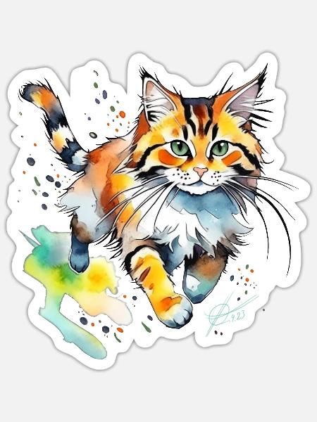 springende  Katze im wasserfarbenlook - Sticker Größe S (10 x 10 cm) - Mattweiß