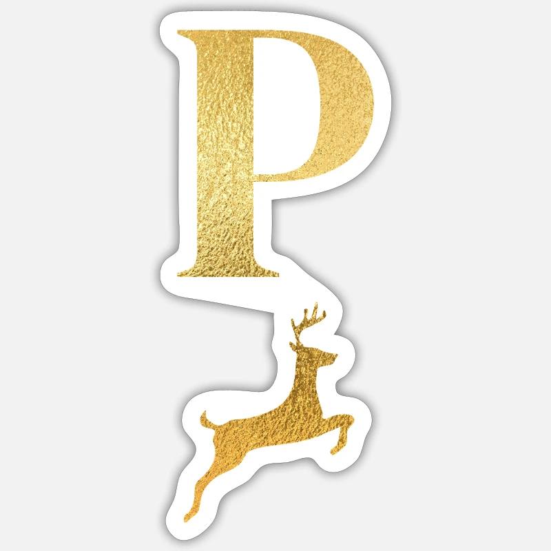 Buchstabe p goldener Hirsch - Geschenkidee - Sticker Größe S (10 x 10 cm) - Mattweiß
