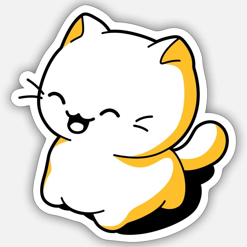 Chat kawaii rigolo - Sticker taille S (10 x 10 cm) - blanc mat