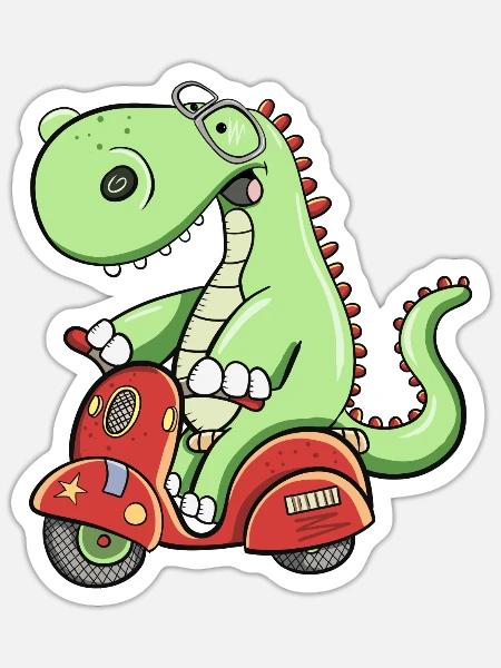 Lustiger Dino Fährt Motorroller Fun Dinosaurier - Sticker Größe S (10 x 10 cm) - Mattweiß