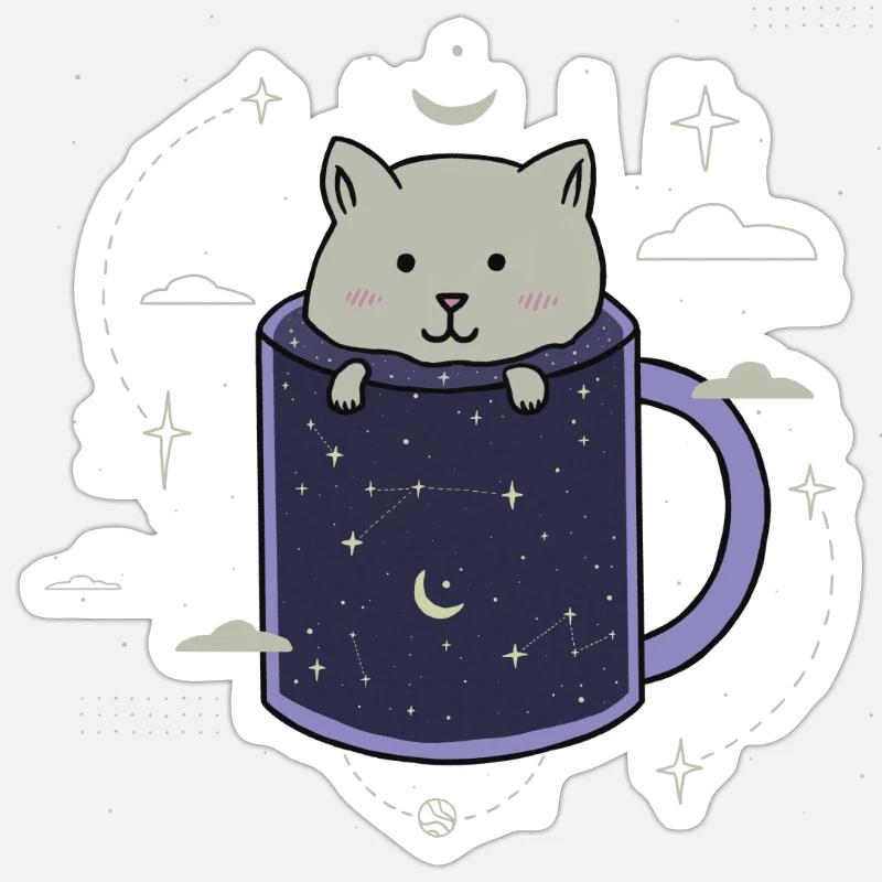 Cat in a Galaxy cup - Sticker size S (10 x 10 cm) - white matte