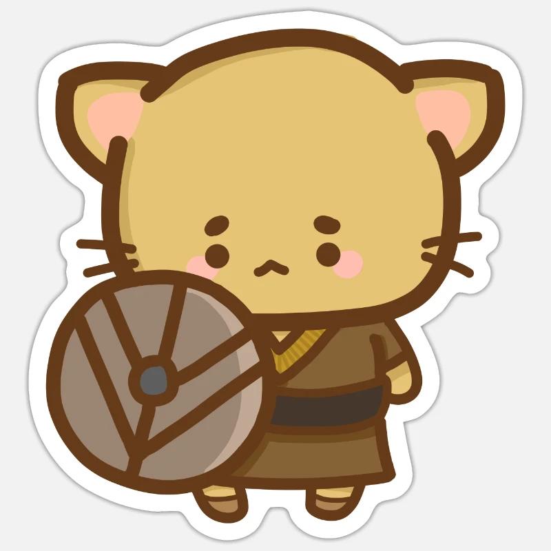 Chat Viking avec un bouclier - Sticker taille S (10 x 10 cm) - blanc mat