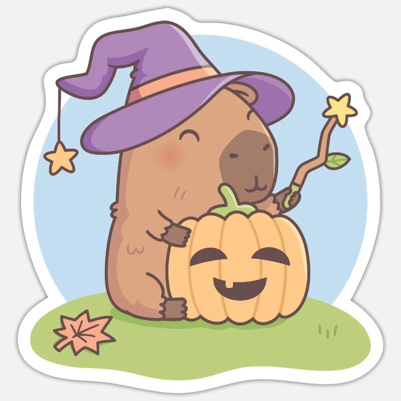 Süße Capybara Zauberer mit Jack O Laterne Sticker Größe S (10 x 10 cm)