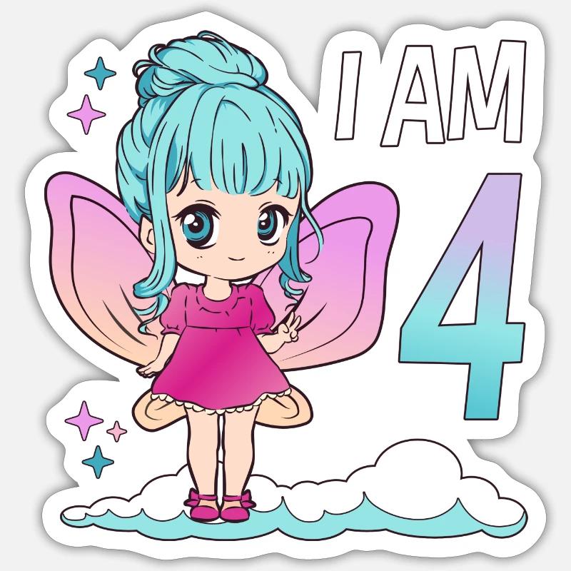 4. Geburtstag Fee Mädchen 4 Jahre alt Kawaii Sticker Größe S (10 x 10 cm)