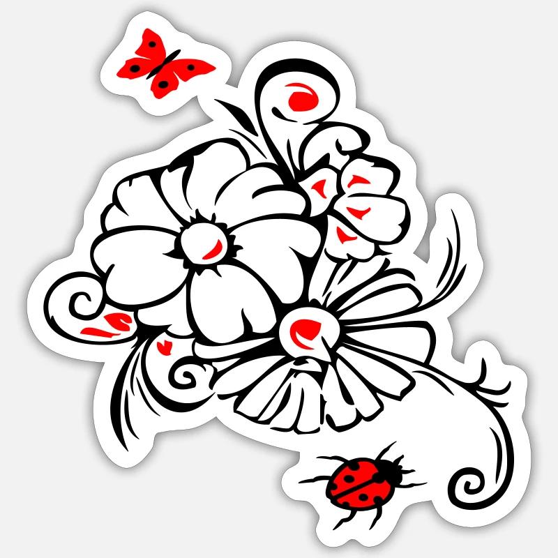 Blumen mit Marienkäfer und Schmetterling - Sticker Größe S (10 x 10 cm) - Mattweiß