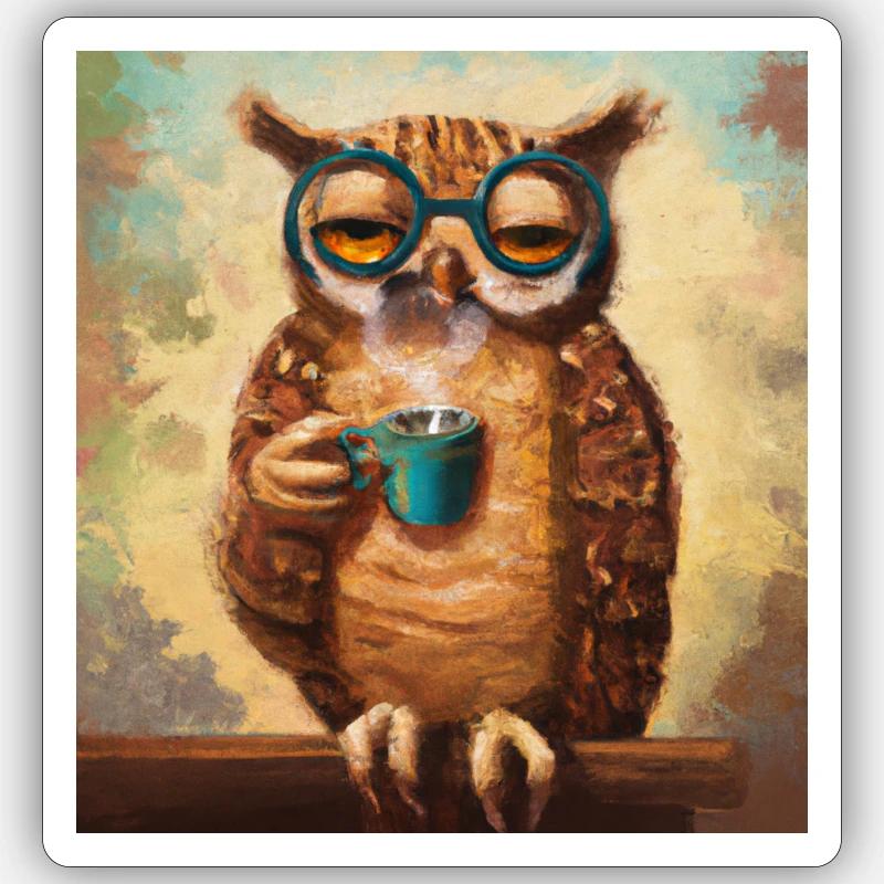 Eule mit Tasse trinkt Kaffee Sticker Größe S (10 x 10 cm)