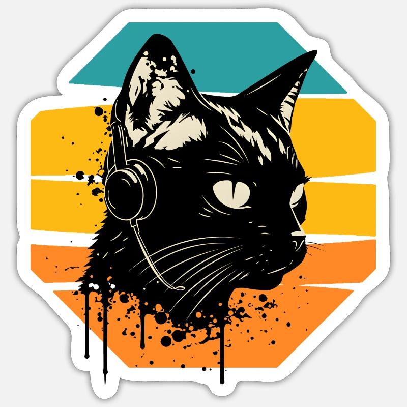 Kopfhörer mit Katze | Katze trägt Kopfhörer - Sticker Größe S (10 x 10 cm) - Mattweiß