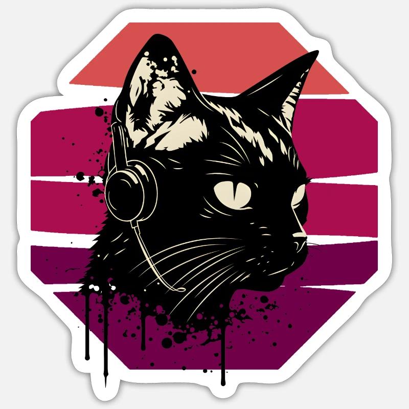 Kopfhörer mit Katze | Katze trägt Kopfhörer - Sticker Größe S (10 x 10 cm) - Mattweiß