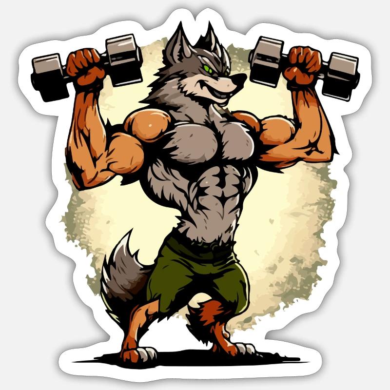 Kikou der muskulöse Wolf - Sticker Größe S (10 x 10 cm) - Mattweiß