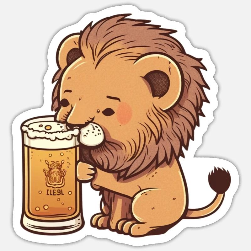 Doux petit lion avec bière Sticker taille S (10 x 10 cm)