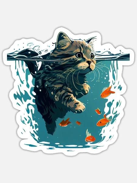 Schwimmende Katze mit Goldfischen - Sticker Größe S (10 x 10 cm) - Mattweiß