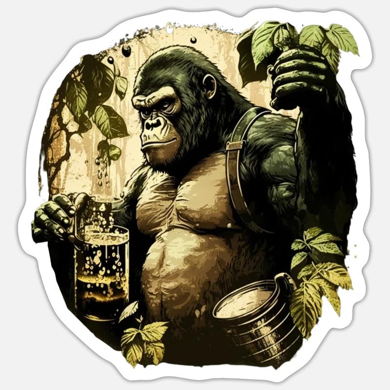 Cooler Gorilla im Dschungel mit Bier Sticker Größe S (10 x 10 cm)