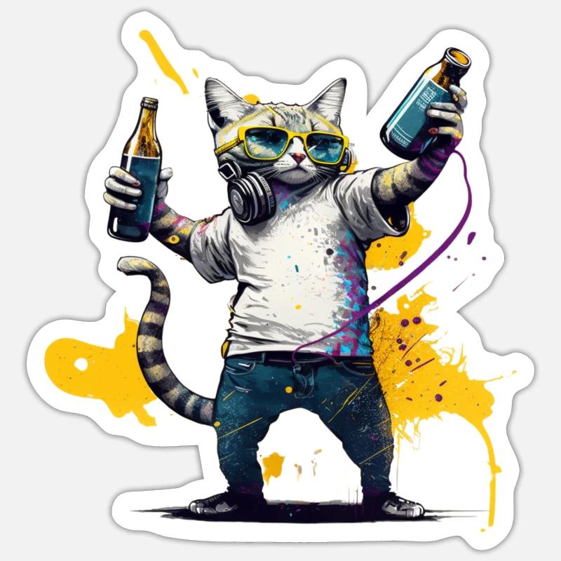 Coole Katze mit Kopfhöhrern und Bier Sticker Größe S (10 x 10 cm)