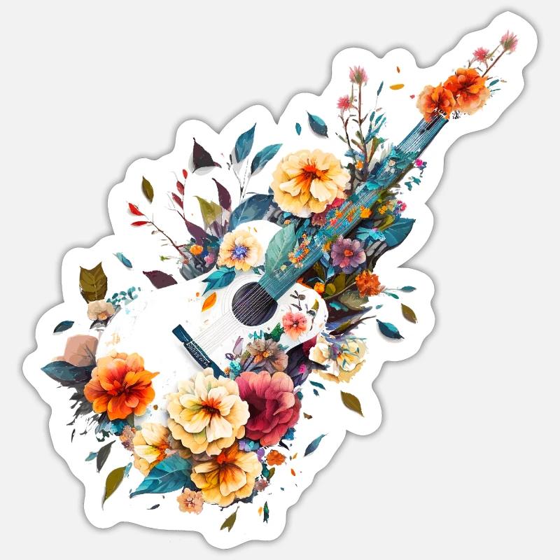 Guitare avec des fleurs - Sticker taille S (10 x 10 cm) - blanc mat