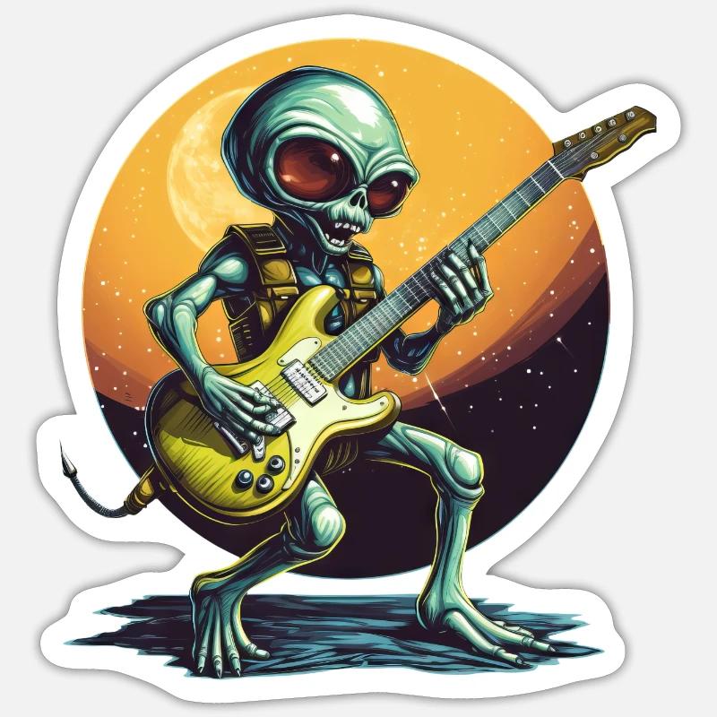 Guitariste extraterrestre dans Sunset - Sticker taille S (10 x 10 cm) - blanc mat